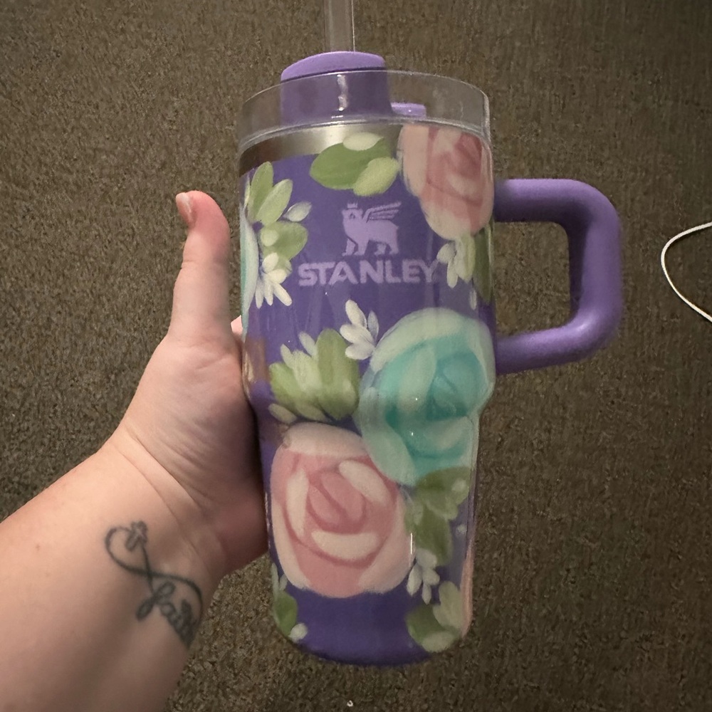 Stanley hand painted Purple Floral Tumbler with Handle